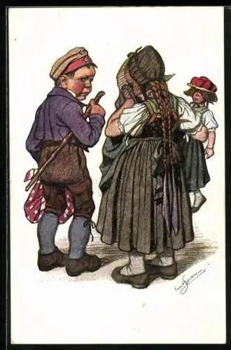 Künstler-AK Emil Beithan: Schwarzwälder Tracht, Mädchen weint beim Abschied