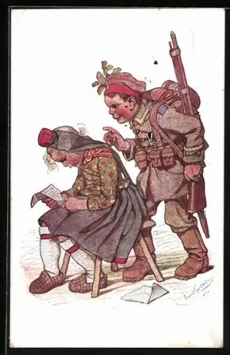 Künstler-AK Emil Beithan: Soldat in Uniform überrascht Frau in Tracht