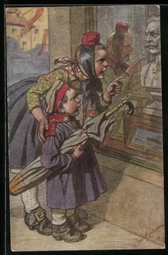 Künstler-AK Emil Beithan: Kinder in Volkstrachten vor einem Schaufenster