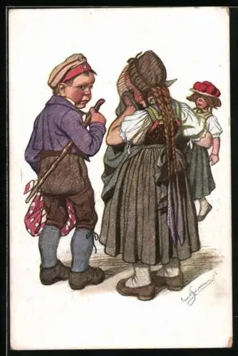 Künstler-AK Emil Beithan: Schwarzwälder Tracht, Mädchen weint beim Abschied