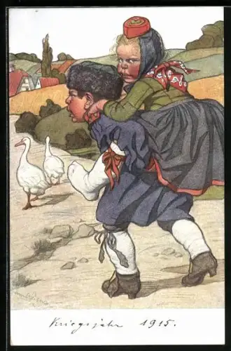 Künstler-AK Emil Beithan: Junge trägt Mädchen in den Ort auf dem Rücken, Trachten