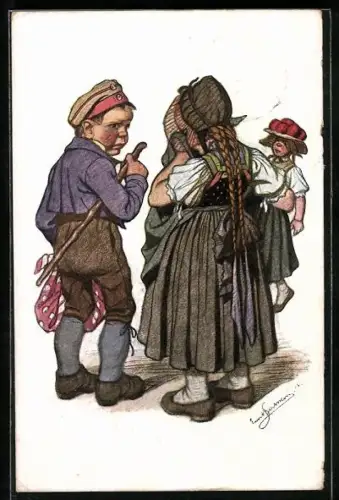 Künstler-AK Emil Beithan: kleiner Feldgraue lässt seine Freundin stehen