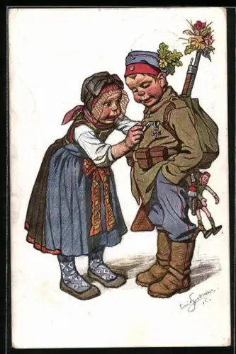 Künstler-AK Emil Beithan: Mädchen heftet einem Soldatenjungen einen Orden an