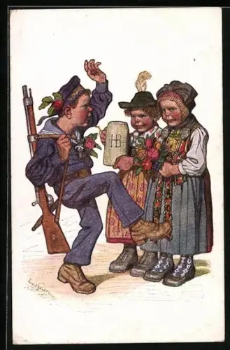 Künstler-AK Emil Beithan: Mädchen in Tracht und tanzender Matrose
