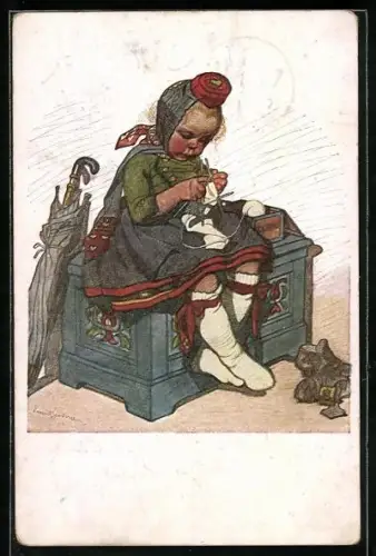 Künstler-AK Emil Beithan: Kleines Mädchen in Tracht strickt Strümpfe