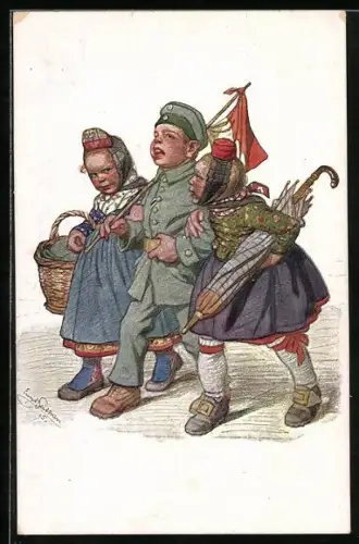 Künstler-AK Emil Beithan: Soldat mit zwei Frauen im Arm