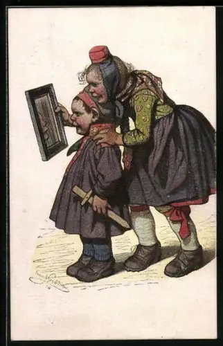 Künstler-AK Emil Beithan: Mädchen hält ihrem Bruder einen Spiegel vor