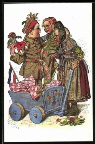 Künstler-AK Emil Beithan: ein Soldat in Uniform hat für sein Kind eine Negerpuppe mitgebracht