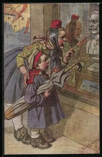 Künstler-AK Emil Beithan: Kinder in Volkstrachten vor einem Schaufenster