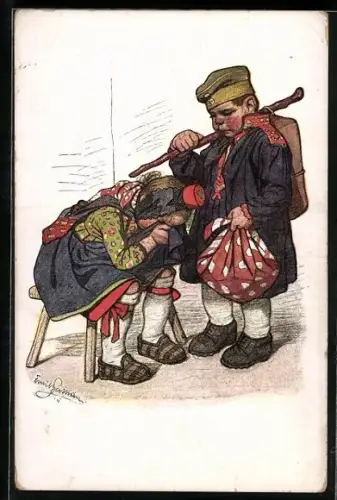 Künstler-AK Emil Beithan: Mädchen beweint den Abschied ihres Soldaten, Hessische Tracht
