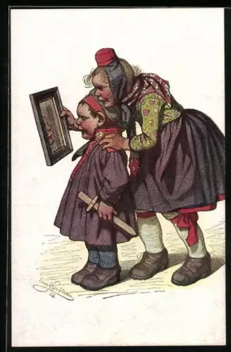 Künstler-AK Emil Beithan: Mädchen hält ihrem Bruder einen Spiegel vor