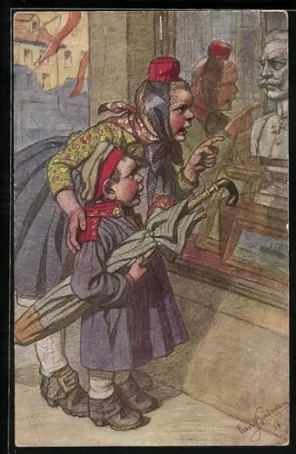 Künstler-AK Emil Beithan: Kinder in Volkstrachten vor einem Schaufenster