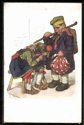 Künstler-AK Emil Beithan: Kinder in Volkstrachten zu einer Abschiedsszene