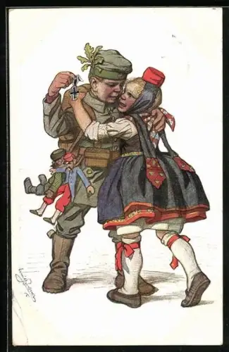 Künstler-AK Emil Beithan: Soldat zeigt sein eisernes Kreuz