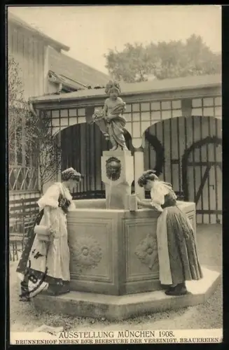 AK München, Ausstellung 1908, Brunnenhof neben der Bierstube der Verienigten Brauereien