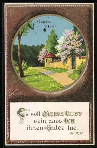 AK Landschaft mit Mauer, Es soll meine Lust sein, dass ich ihnen Gutes tue, Jer. 32, 41, Sinnspruch