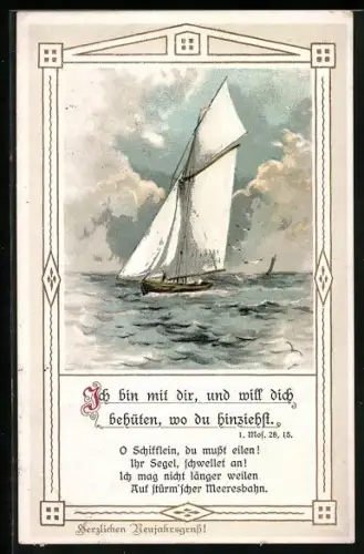 Künstler-AK Neujahrsgrüsse vom Bord eines Segelschiffes auf hoher See