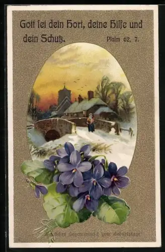 AK Winterlandschaft mit Brücke, Gott sei den Hort..., Psalm 62, 7, Sinnspruch