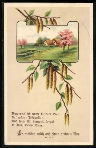 AK Sommerlandschaft mit Zweigen, Nun weid` ich unter Deinem Stab..., Ps. 23, 2, Sinnspruch