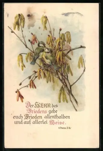 Präge-AK Vögel im Baum, Der Herr des Friedens gebe euch Frieden..., II. Thess. 3. 16, Sinnspruch