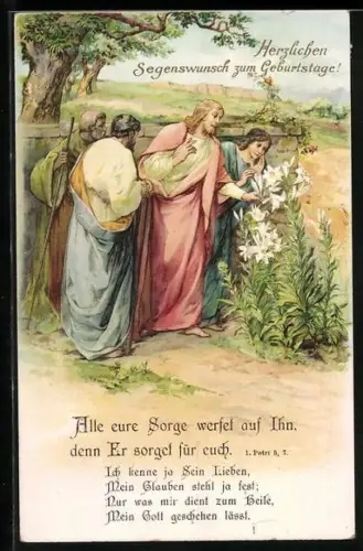 AK Jesus mit Gläubigen, Alle eure Sorgen werfet auf Ihn..., 1. Petri 5, 7, Sinnspruch, Geburtstagsgruss