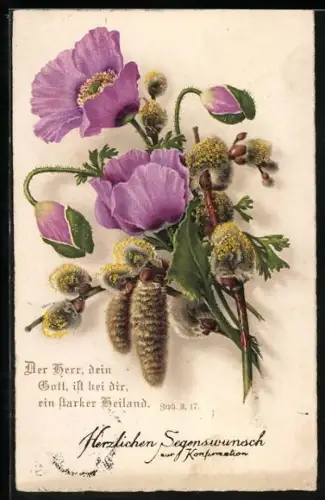 AK Blumen mit Zweigen, Der Herr, dein Gott, ist bei dir..., Sinnspruch, Glückwunsch zur Konfirmation