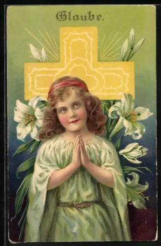AK Betendes Kind vor einem Kreuz, Glaube, Allegorie