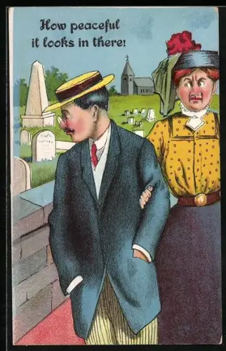 AK Ehepaar auf dem Friedhof, Im Hintergrund Kirche, frauenfeindlicher Humor
