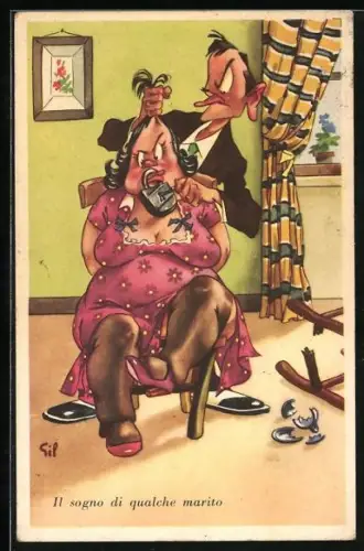 AK Frau mit einem Schloss vorm Mund, frauenfeindlicher Humor