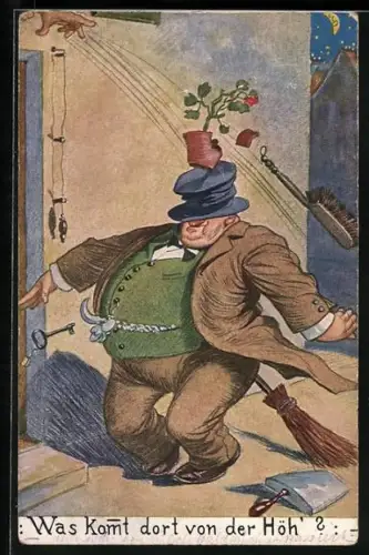 AK Frau wirft ihrem betrunkenen Mann einen Blumentopf auf den Kopf