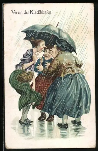 AK Drei Frauen klatschen unterm Regenschirm, frauenfeindlicher Humor