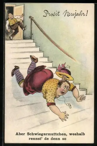 AK Mann stösst Frau von der Treppe, Neujahrsgruss, frauenfeindlicher Humor