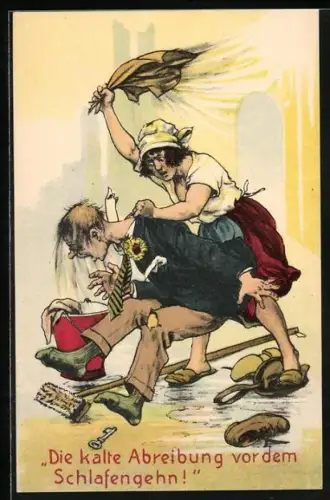 AK Frau schlägt ihren Mann, frauenfeindlicher Humor