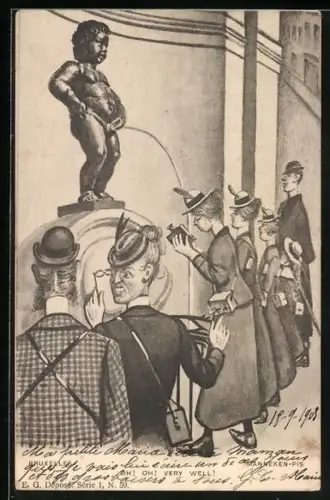 Künstler-AK Bruxelles, Frauen schauen sich Manneken-Pis an, Toilettenhumor