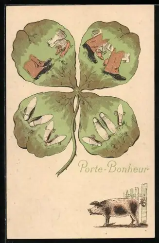 AK Schuhe auf einem Kleeblatt, Schwein am Zaun, Erotik