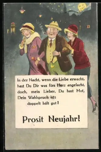 AK Herr mit zwei Damen auf der Strasse bei Mondschein, Neujahrsgruss, Erotik