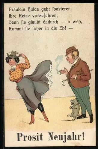 AK Fräulein Hulda weht der Rock hoch, Neujahrsgruss, Erotik