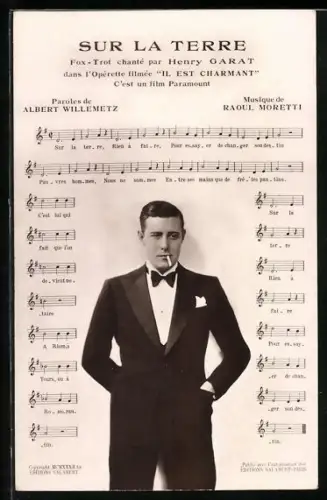 AK Eleganter Herr mit Zigarette, Sur la Terre, Lied mit Noten