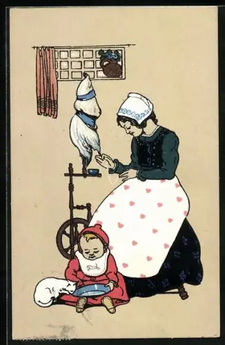 Präge-AK Junge Frau am Spinnrad mit Kind