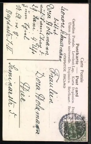 Präge-AK Junge Frau am Spinnrad mit Kind