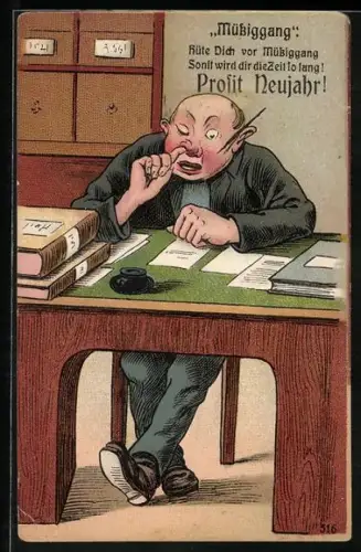 AK Mann am Schreibtisch bohrt in der Nase, Neujahrsgruss, Scherz