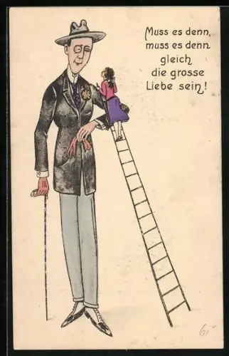 AK Fräulein klettert auf Leiter an Mann hoch, Scherz