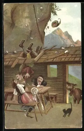 AK Mann fliegt durchs Dach auf Frau runter, Scherz