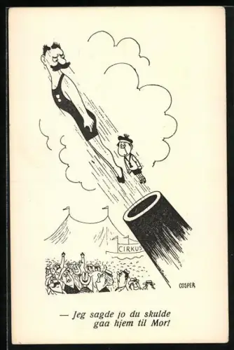 AK Mann und Junge fliegen im Zirkus aus Kanone, Scherz
