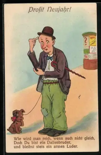 AK Mann mit Hund überlegt, Neujahrsgruss, Scherz