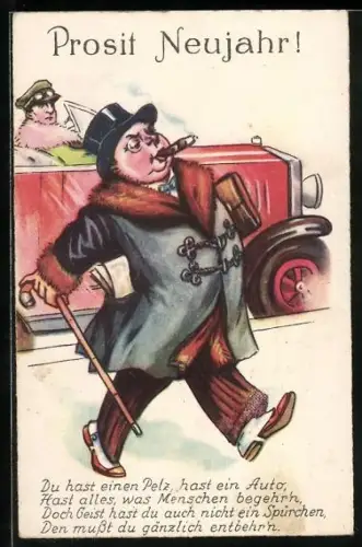 AK wohlhabender Herr fühlt sich wichtig, Auto, Neujahr, Scherz