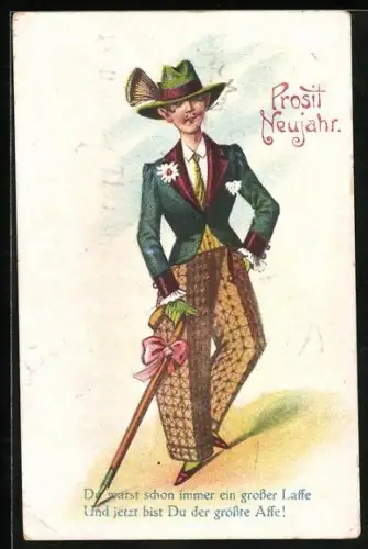AK Lustiger Mann mit Gehstock, Neujahrsgruss, Scherz