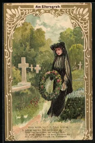 Präge-AK Trauernde Frau mit Kranz am Elterngrab