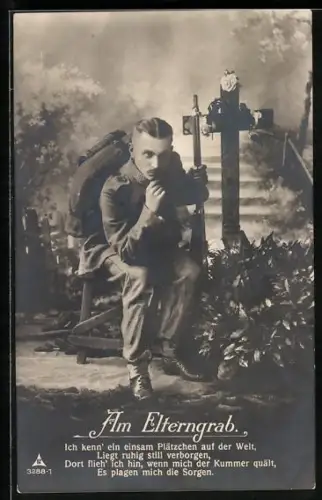 AK Soldat in Uniform mit Gewehr am Elterngrab