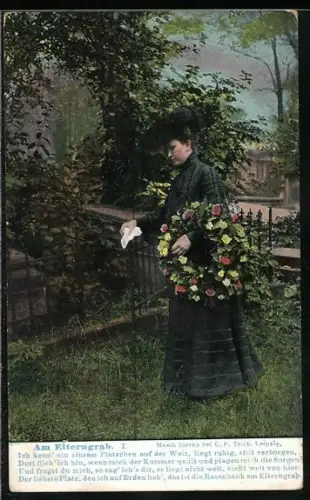 AK Am Elterngrab, I. Ich kenn` ein einsam Plätzchen auf der Welt..., Trauernde Frau auf Friedhof